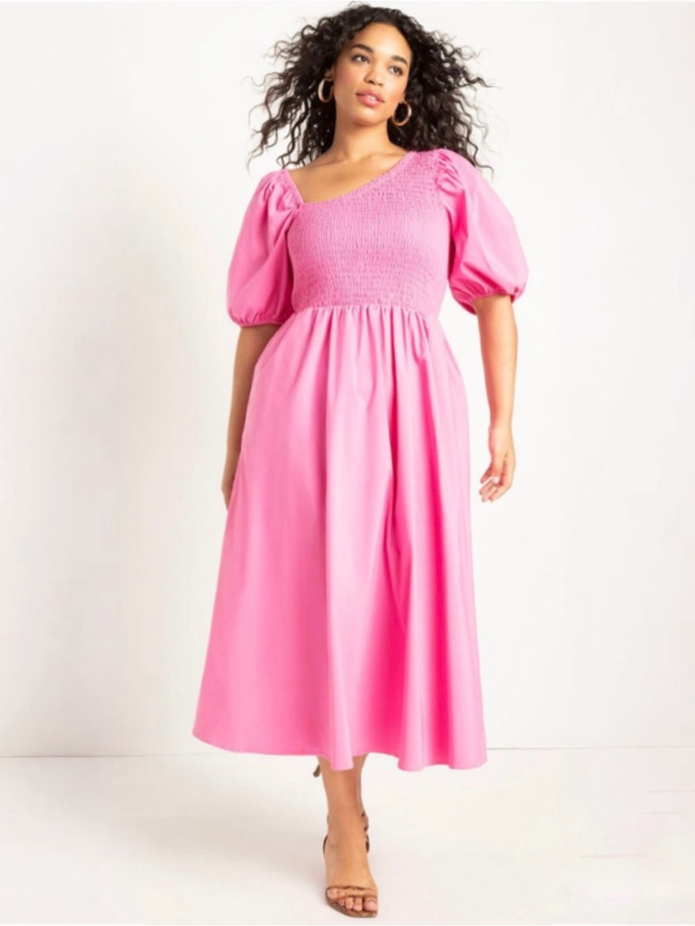 Eloquii  Pink Smocked Bodice Asymmetrical Neck Puff-Sleeve Midi Dress Size 14